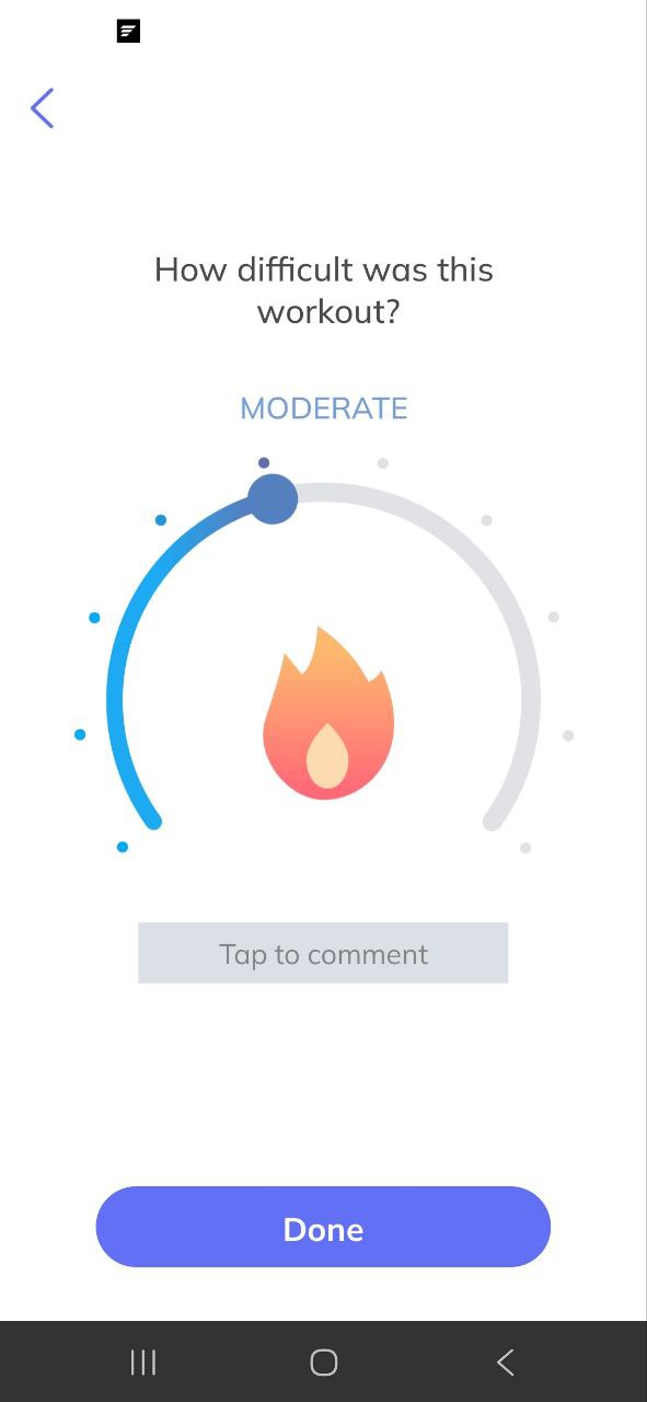 FitSync Pro post-workout difficulty rating screen showing MODERATE